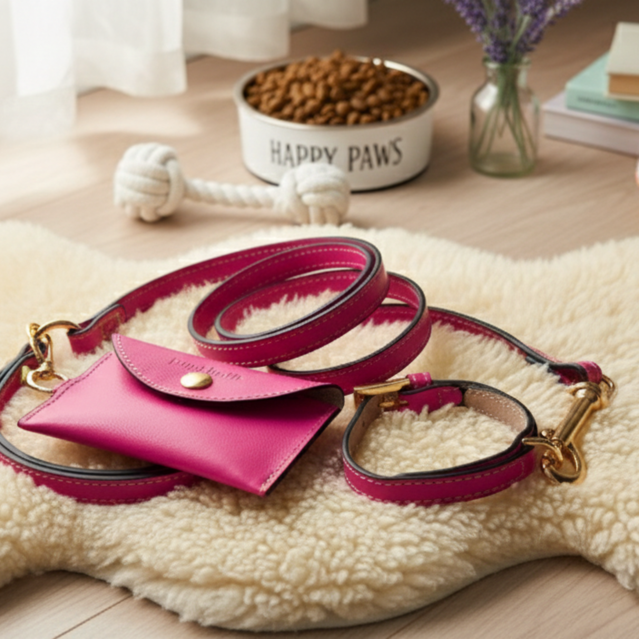 Set Collare e Guinzaglio in Pelle con Porta Sacchetti